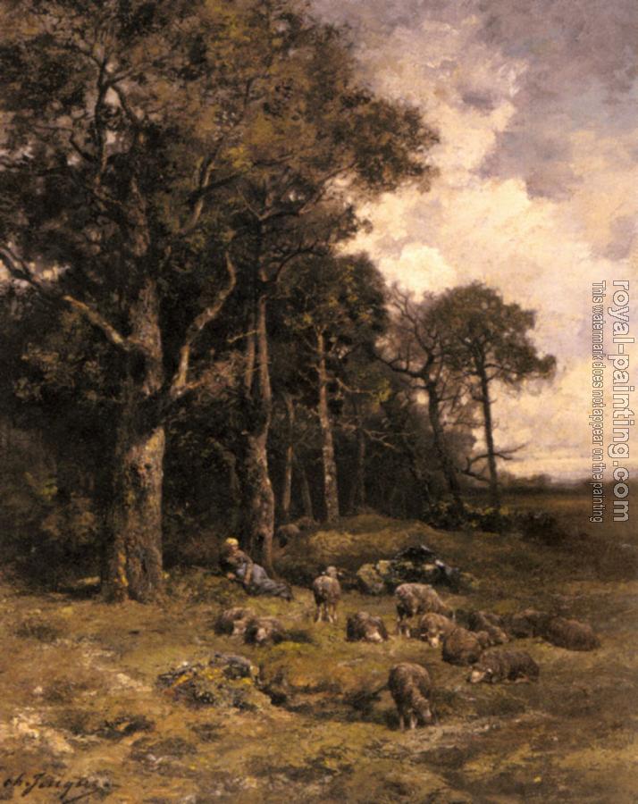 Charles Emile Jacque : Shepherdess Resting With Her Flock